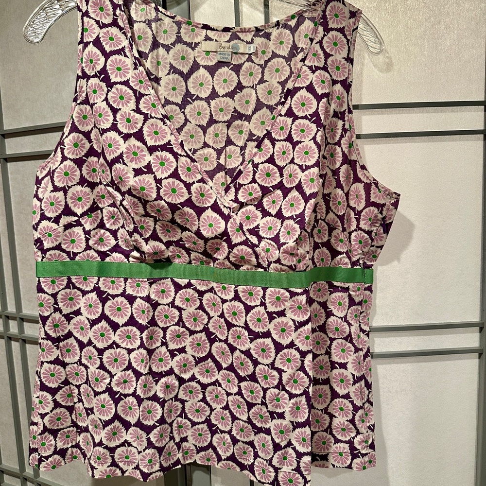Boden Purple Floral Tank Top with Green Waist Trim